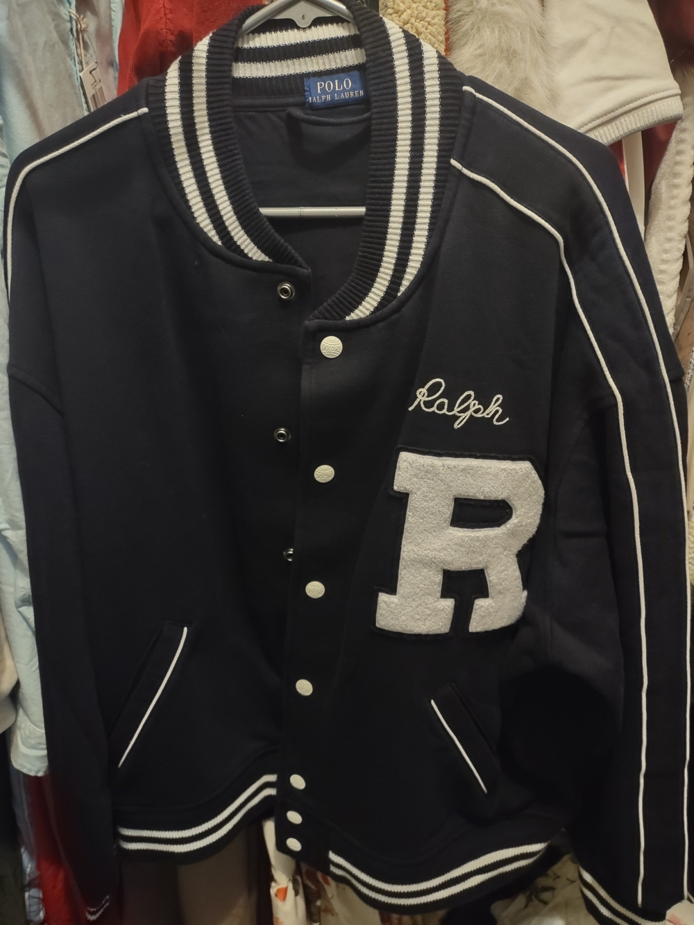 Polo by Ralph Lauren Navy Bomber-Style Varsity Jacket with White Trim